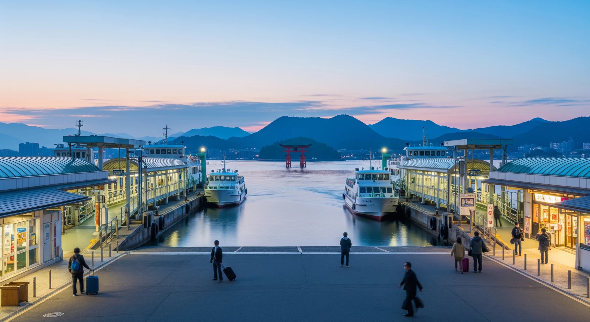 宮島口から宮島を望むフェリー乗り場の風景