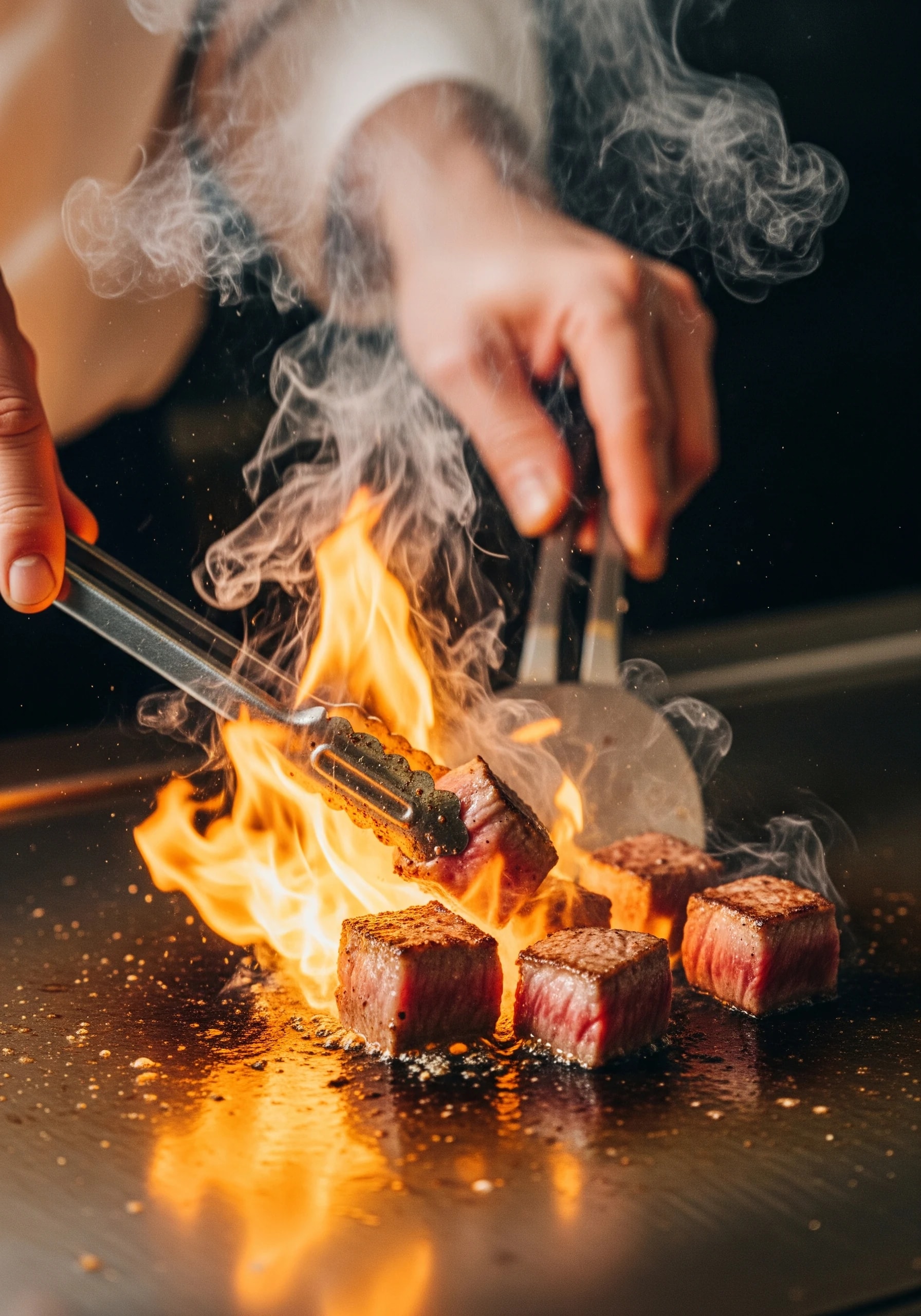 鉄板で和牛を焼き上げるシェフの手元